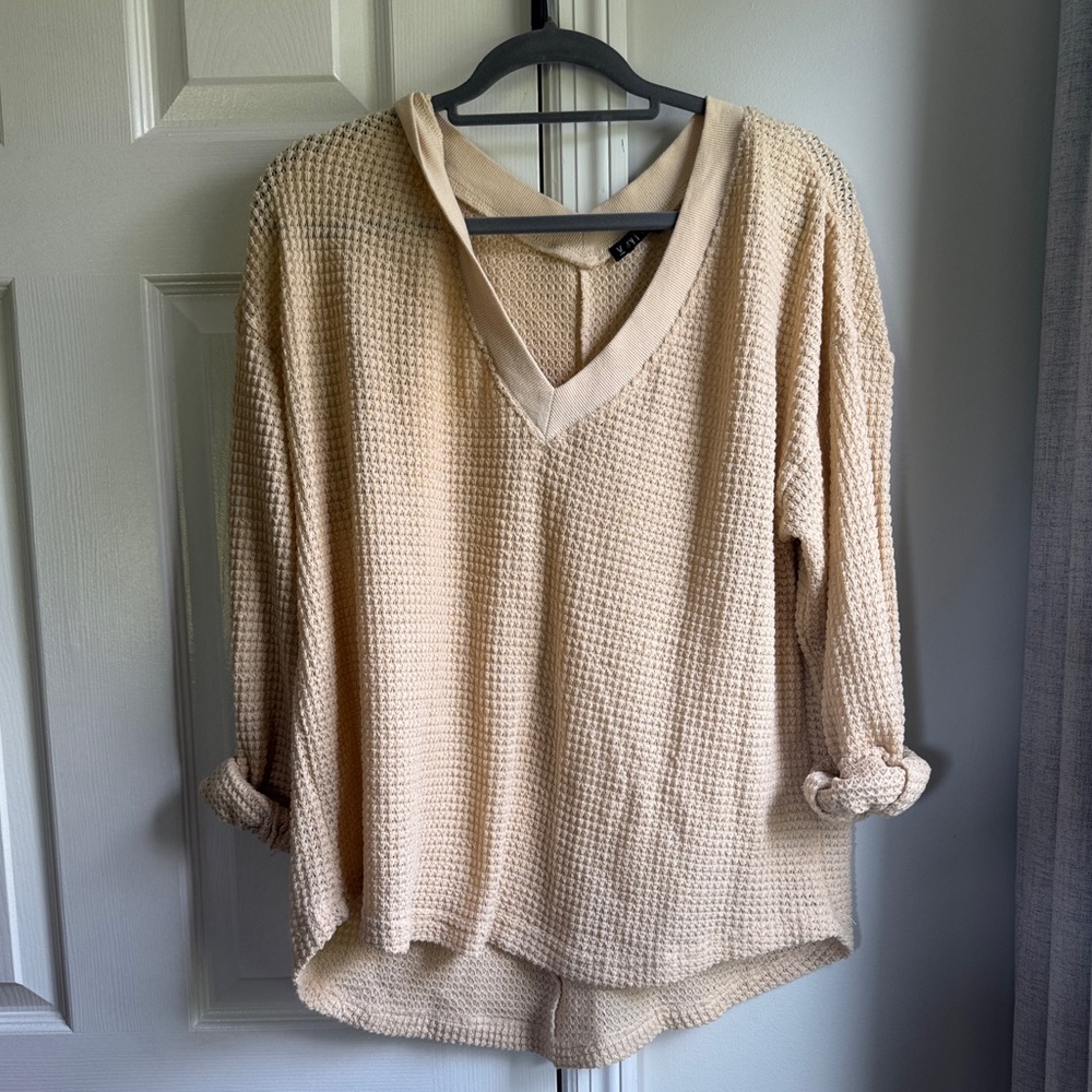 Cream Waffle Knit V-Neck Sweater